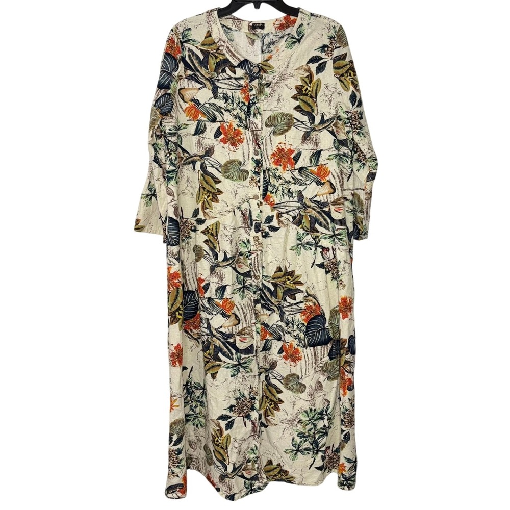 Vonda Maxi Dress 3XL Beige Floral Print Long Sleeve Button Up Boho
